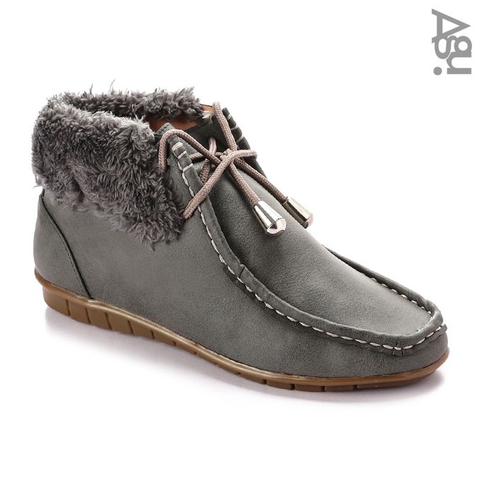 Agu Leather Ankle Loafers With Some Fur Decorations - Grey