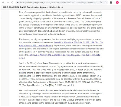 In Re Comerica, No. 14-16-00418-CV. (Tex.App.- Houston [14th Dist.]  Jun. 30, 2016) (agreement on arbitration not proven)