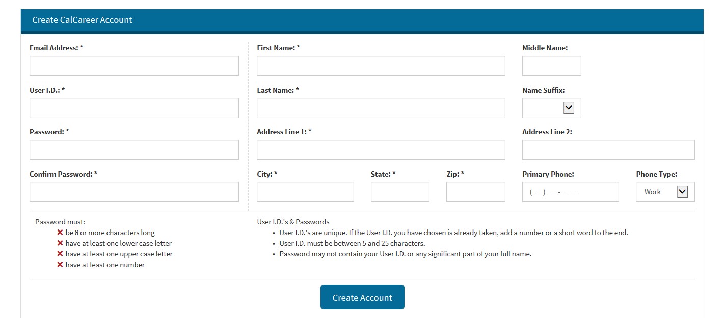 Image of the required CalCareer Account Registration Information