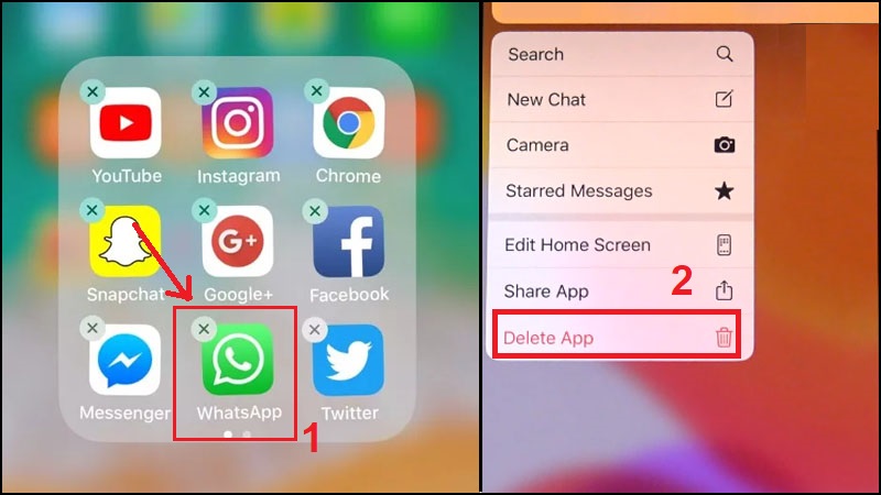 Nhấn giữ lâu trên biểu tượng WhatsApp cho xuất hiện dấu X ở góc trên bên trái biểu tượng ứng dụng