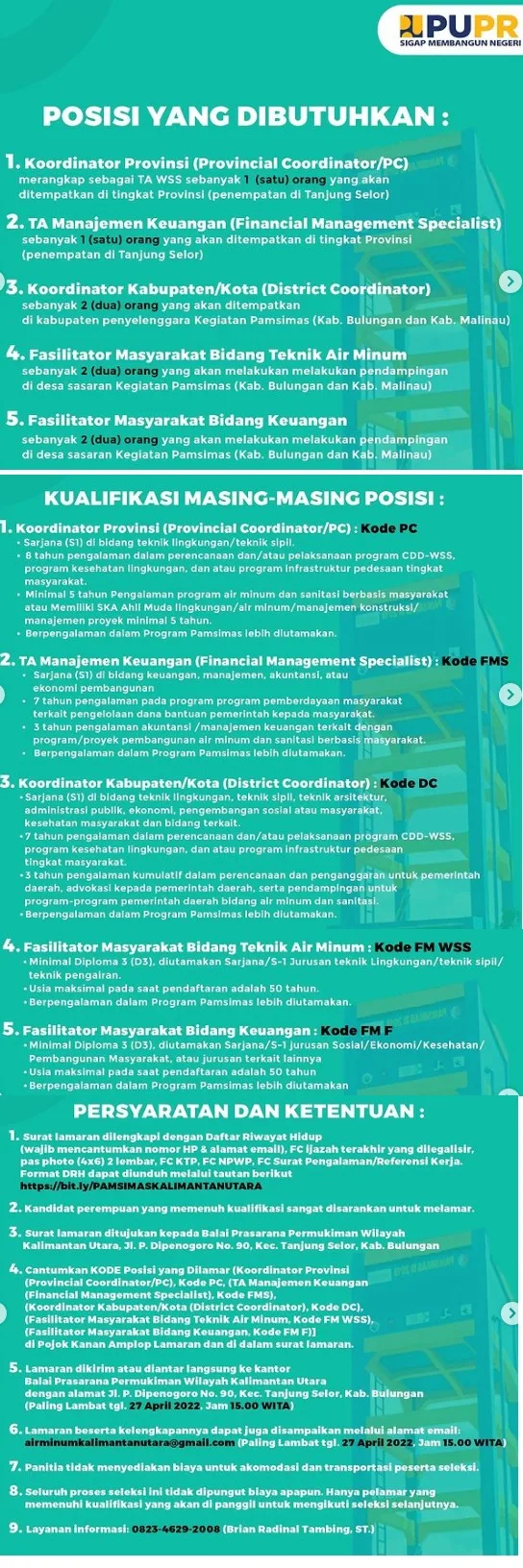 Lowongan Kerja Balai Prasarana Permukiman Pamsimas Kementerian PUPR Tingkat D3 S1 Bulan April 2022