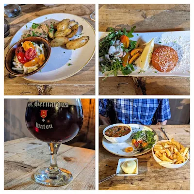 Where to eat in Ghent: collage of dinner dishes and beer at de Stokerij