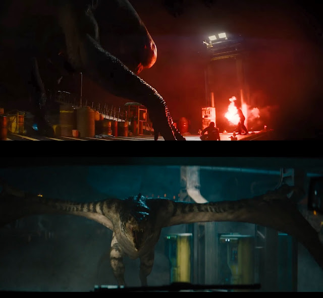 a screen capture from the Jurassic World Rebirth trailer showing two large dinosaurs, one has a side wingspan and the other has six limbs