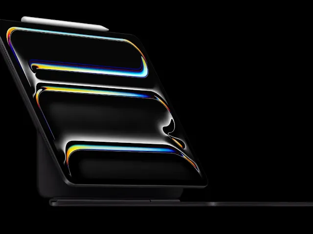 Stylized image of multiple 2024 iPad Pros stacked, highlighting the thin profile and innovative design.