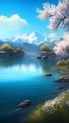 Cherry Blossom Trees Lake iPhone Wallpaper