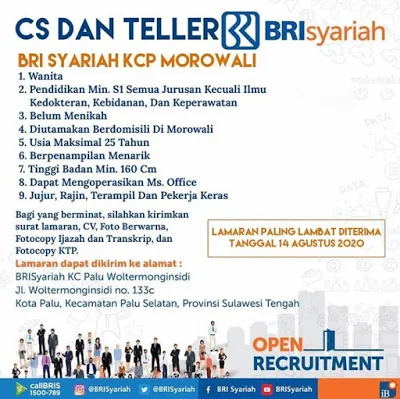  CS dan Teller Bank BRI Syariah Agustus 2020