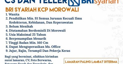 Lowongan Kerja Lowongan Kerja CS dan Teller Bank BRI Syariah  2020  April 2024