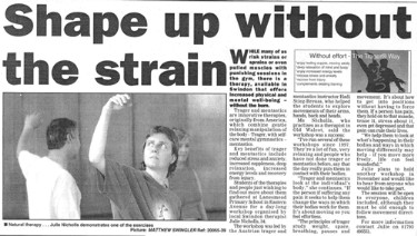 Photo of newspaper article entitled shape up without the strain and a picture of therapist Julie Nicholls demonstrating Mentastics