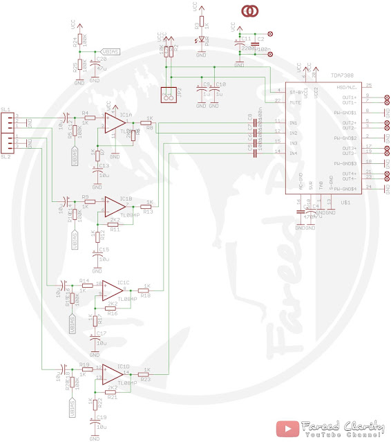 Skema Amplifier TDA7388 Quad Bridge 180W dilengkapi PreAmp