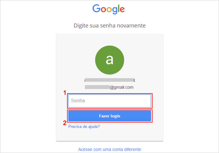 Inserindo senha em conta Gmail