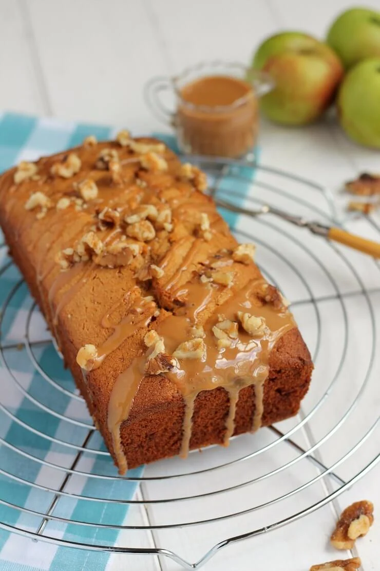 Caramel glaze on apple loaf cake