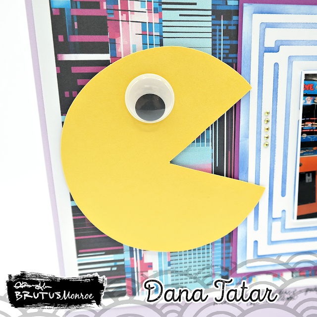 Pacman inspired arcade game scrapbook layout created with the Gamer Bundle from Brutus Monroe which includes paper, washi, stamps, dies, and stencils.