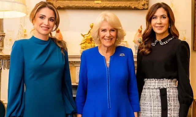 Queen Rania in Badgley Mischka dress, Crown Princess Mary in Red Valentino crystal collar crepe top and Dolce & Gabbana tweed skirt
