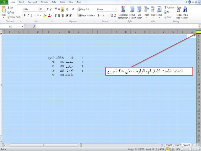 تحديد الشيت كاملا, excel, selection 