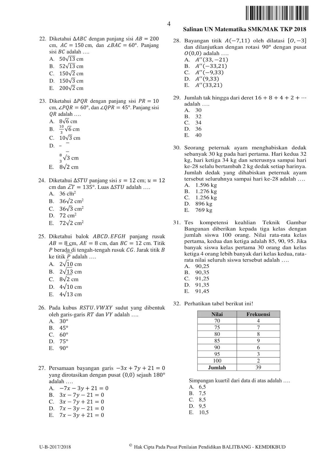 Soal Latihan Un Smk Mak Matematika 2018 2019 S R W