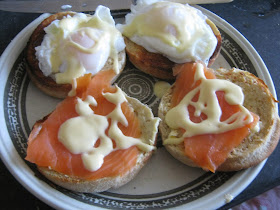 Eggs royale: English muffins topped with poached eggs, smoked salmon and hollandaise sauce