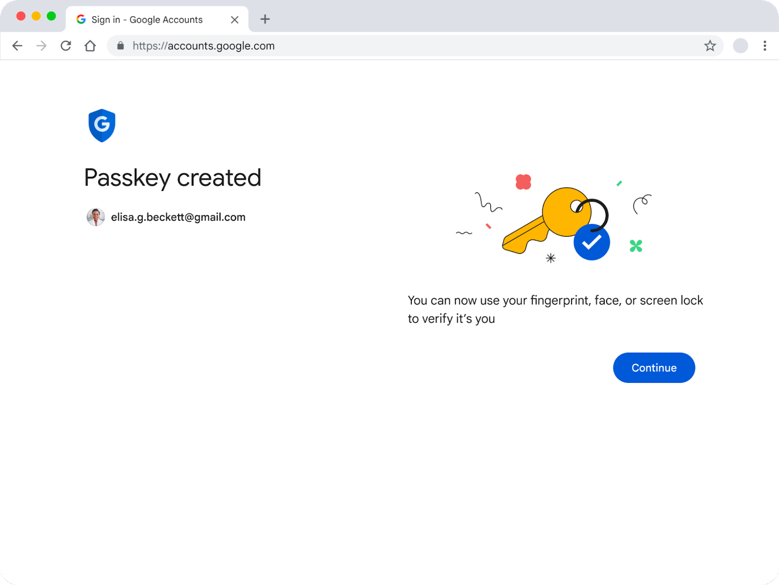 Image of Passkey created prompt in Google Accounts Sign In