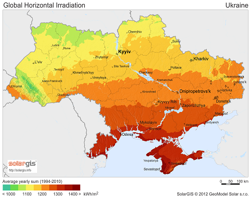 Ukraine: Global solar horizontal irradiation