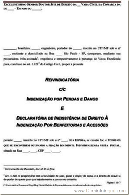 Modelo de Petição Inicial. Ação Reivindicatória cumulada com indenização por perdas e danos e ação declaratória de inexistência de direito à indenização por benfeitorias e acessões