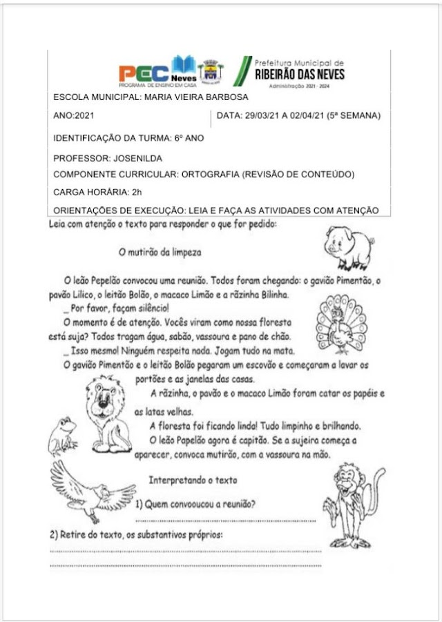 ATIVIDADE DE REVISÃO - LÍNGUA PORTUGUESA -  6º ANO - 601 ( 29/03/2021 A 02/04/2021 )  