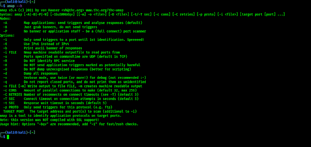 amap help options on Kali Linux