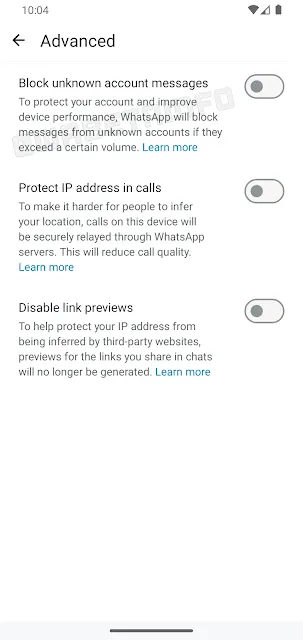A screenshot showing WhatsApp's new settings to block unknown messages, protect IP address in calls, and disable link previews.
