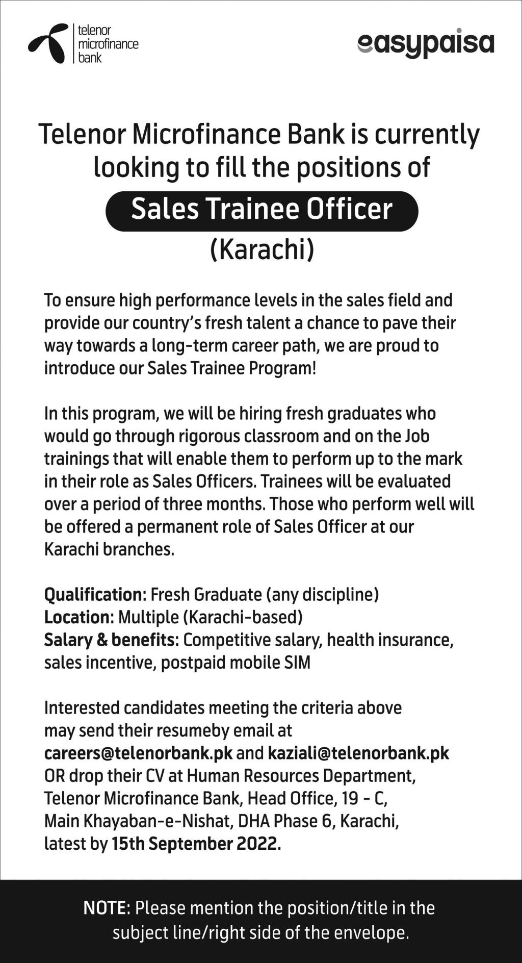 Telenor Microfinance Bank Ltd Announced Jobs for Sales Trainee Officer