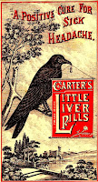 crow perched on tree limb holding sign advertising Carter's Little Liver Pills