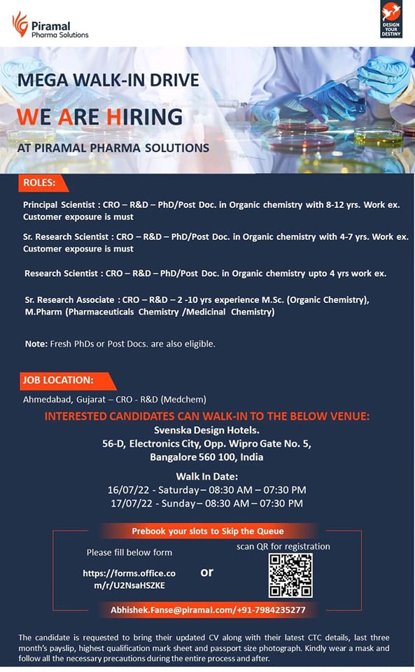 Piramal Pharma Solutions | Mega Walk-in drive at Bangalore for Ahmedabad location on 16th & 17th July 2022