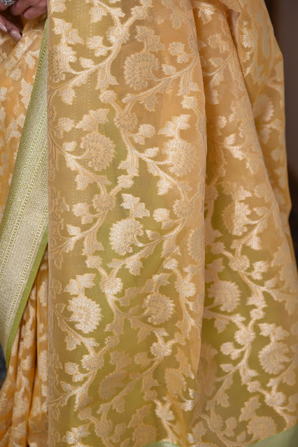 Unveiling the Allure of Kora Silk Saree in Contrast Yellow and Green