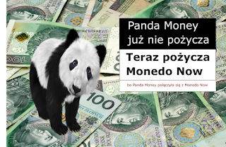 Obrazek zawiera pandę, pieniądze i informację, że PandaMoney to teraz Monedo Now