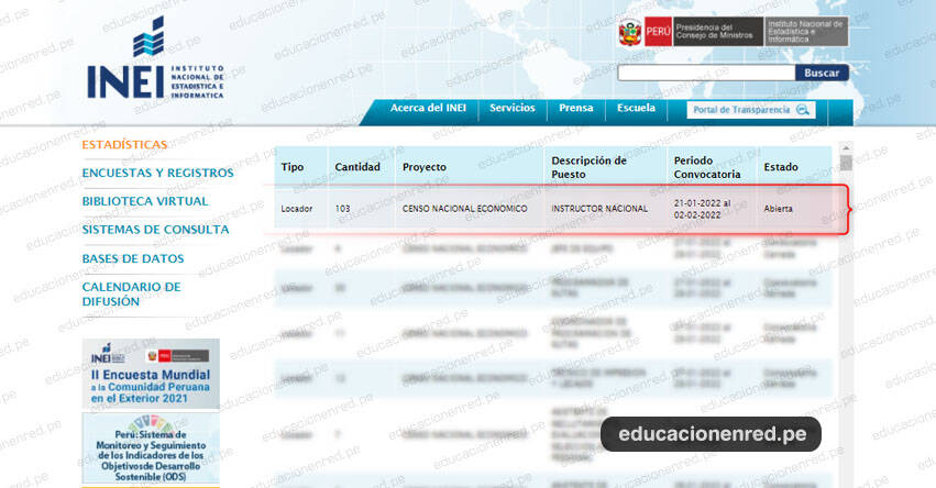 INEI - CONVOCATORIA 2022: Personal para Censo Nacional Económico (Inscripciones hasta el 2 Febrero) Nivel Nacional - www.inei.gob.pe