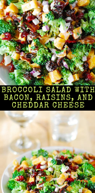 Broccoli salad with bacon, raisins, and cheddar cheese