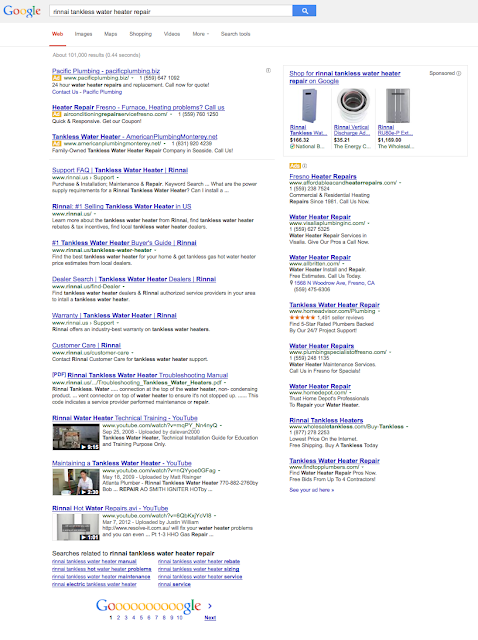 Google Search Results for the Keyword Phrase: Rinnai Tankless Water Heater Repair