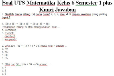 Soal dan Kunci Jawaban UTS, PTS Matematika Kelas 6 Semester 1 (Ganjil) SD, https://gurujumi.blogspot.com/
