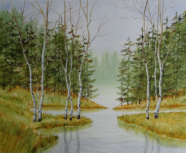 Danielle Beaulieu watercolour of birch trees by creek