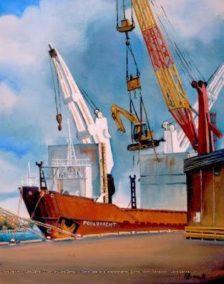 plein air oil painting of  the Hungry Mile wharf at East Darling Harbour, now Barangaroo and Millers Point of the cargo ship the 'Poolgracht' by artist Jane Bennett