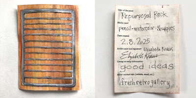 Artist trading card front, microwave oven rack, ATC size 2.5 x 3.5 inches. Title of the piece: Repurposed Rack • Media used: pencil, watercolor, Sharpies on natural parchment style paper • Date created: 2.8.2025 • Artist name and signature: Elizabeth Knaus • Group or swap information: good ideas • Artist contact info (website, email, etc.): freshretrogallery