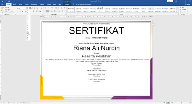 Free Sertifikat .Docx : Contoh Sertifikat Pelatihan Atau Seminar Mircrosoft Word