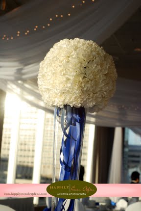 The sun filled ballroom dazzled in white and royal blue how dramatic