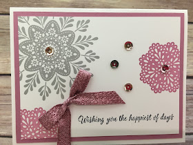 This pink and gray card uses Stampin' Up!'s Frosted Medallions stamp set in Smoky Slate and Sweet Sugarplum ink.  It also uses the Sweet Sugarplum 3/8" Glitter Ribbon and the Fancy Frost Sequins.  #stamptherapist #stampinup www.stampwithjennifer.blogspot.com