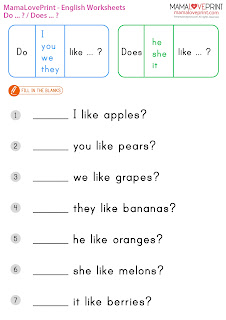 MamaLovePrint . Grade 1 English Worksheets . Basic Grammar (Do, Does, Do not, Does not) PDF Free Download