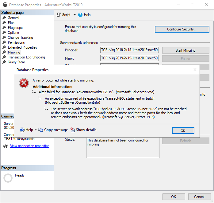 The server network address can not be reached or does not exist. (Microsoft SQL Server, Error: 1418)