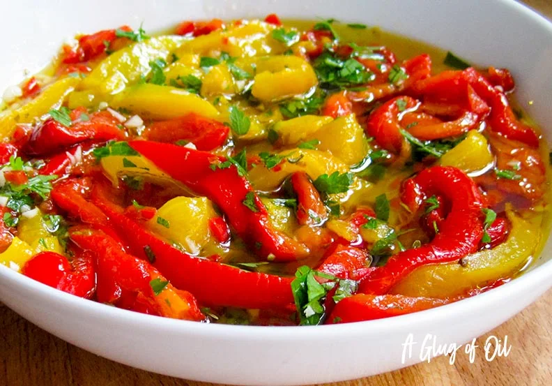 Roasted marinated peppers in oil.