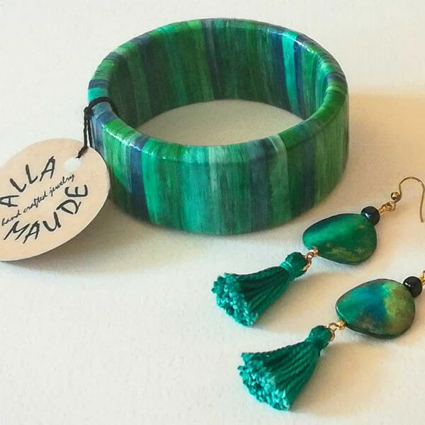 recycled paper striped bangle bracelet and paper and thread tassel earrings