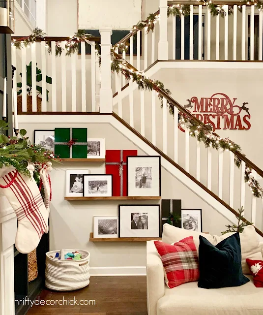 open stairs and railings with Christmas garland