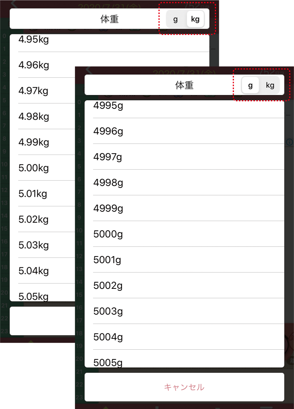 グラム単位で記録したい かんたん入力切り替えでキログラムからグラムに変更