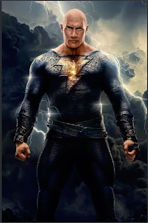 Black Adam standing, a lightning bolt flashing behind him. Adam is a large bald man with tan skin. He's dressed all in black aside from the gold lightning bolt across his chest.