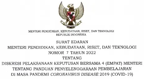 Surat Edaran SE Mendikbudristek Nomor 7 Tahun 2022 Tentang Tata Cara Penghentian sementara pembelajaran tatap muka di satuan pendidikan