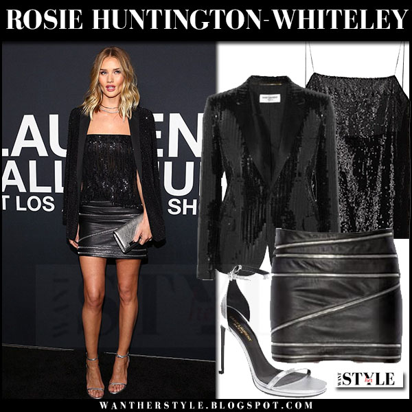 Rosie Huntington-Whiteley in black sequin blazer, black sequin top and black leather zipper mini skirt saint laurent what she wore front row red carpet